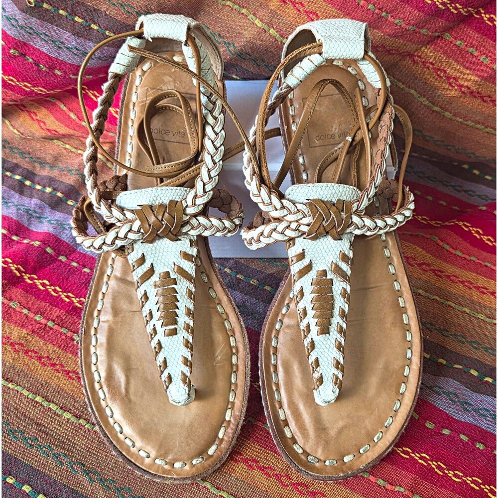 Dolce Vita Strappy Thong Sandals 7 Lace up Tribal Boho Summer Woven White Brown